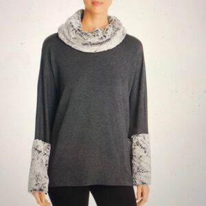 NWT CAPOTE Dark Gray and White Faux Fur Stella Trimmed Cowl Neck Tunic XL New